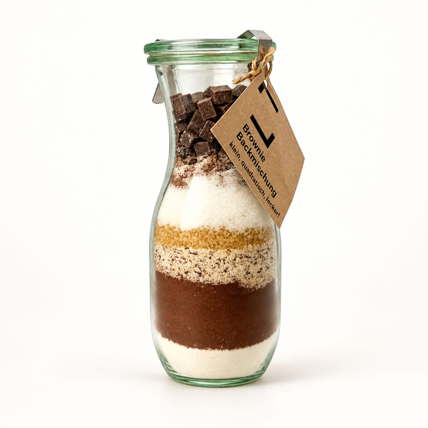 Brownie baking mix in the clip-top jar, layered with flour, sugar, cocoa and chocolate cubes