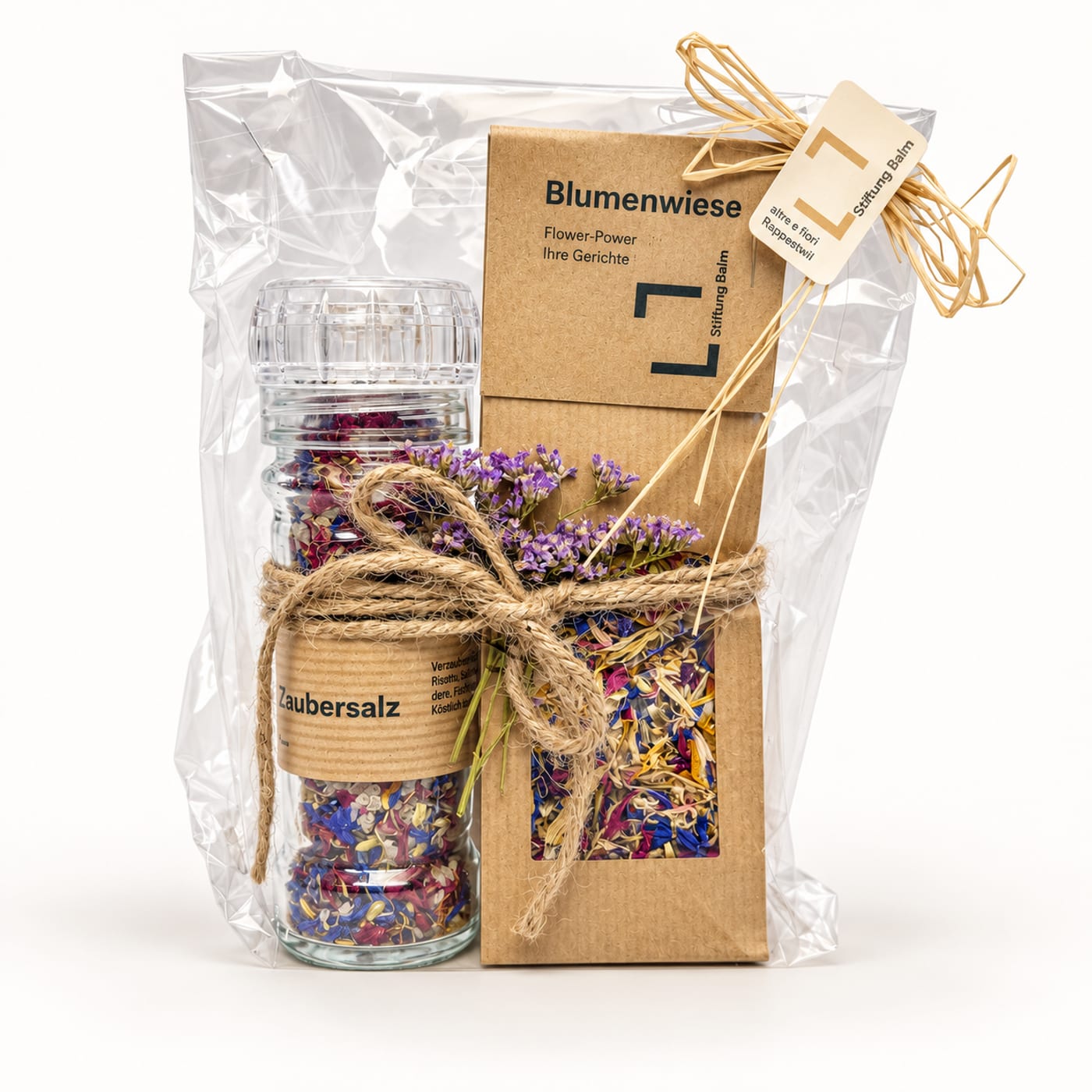 Geschenk-Set: Blütensalz in der Glasmühle und essbare Blüten in der Tüte, mit Juteschnur und Trockenblumen gebunden