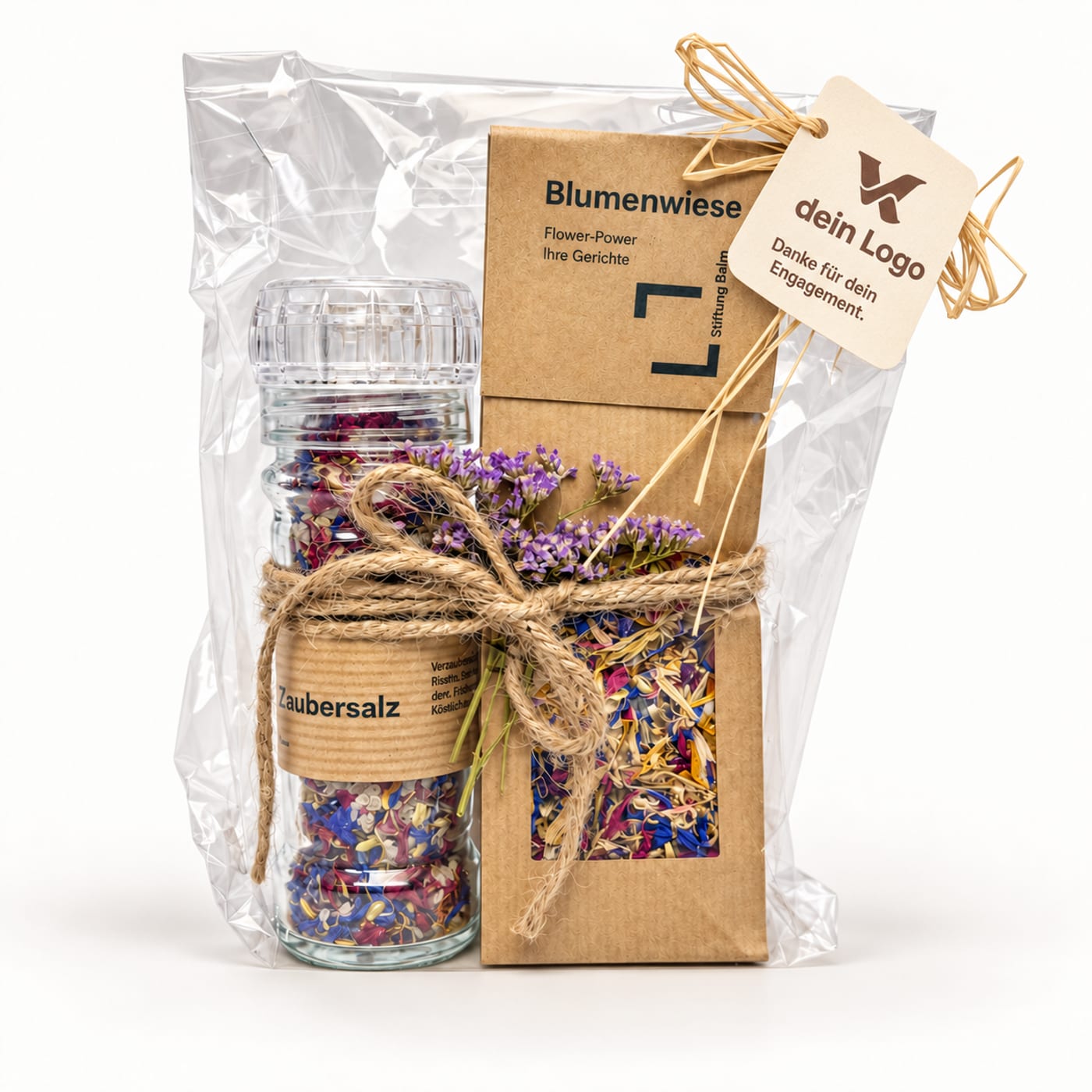 Geschenk-Set: Blütensalz in der Glasmühle und essbare Blüten in der Tüte, mit Juteschnur und Trockenblumen gebunden