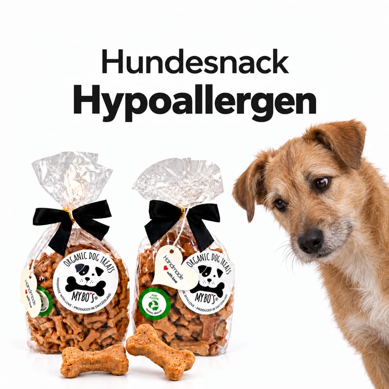 Hundesnack Hypoallergen: zwei Beutel Hundeleckerli in Knochenform, daneben schaut ein Hund neugierig zu