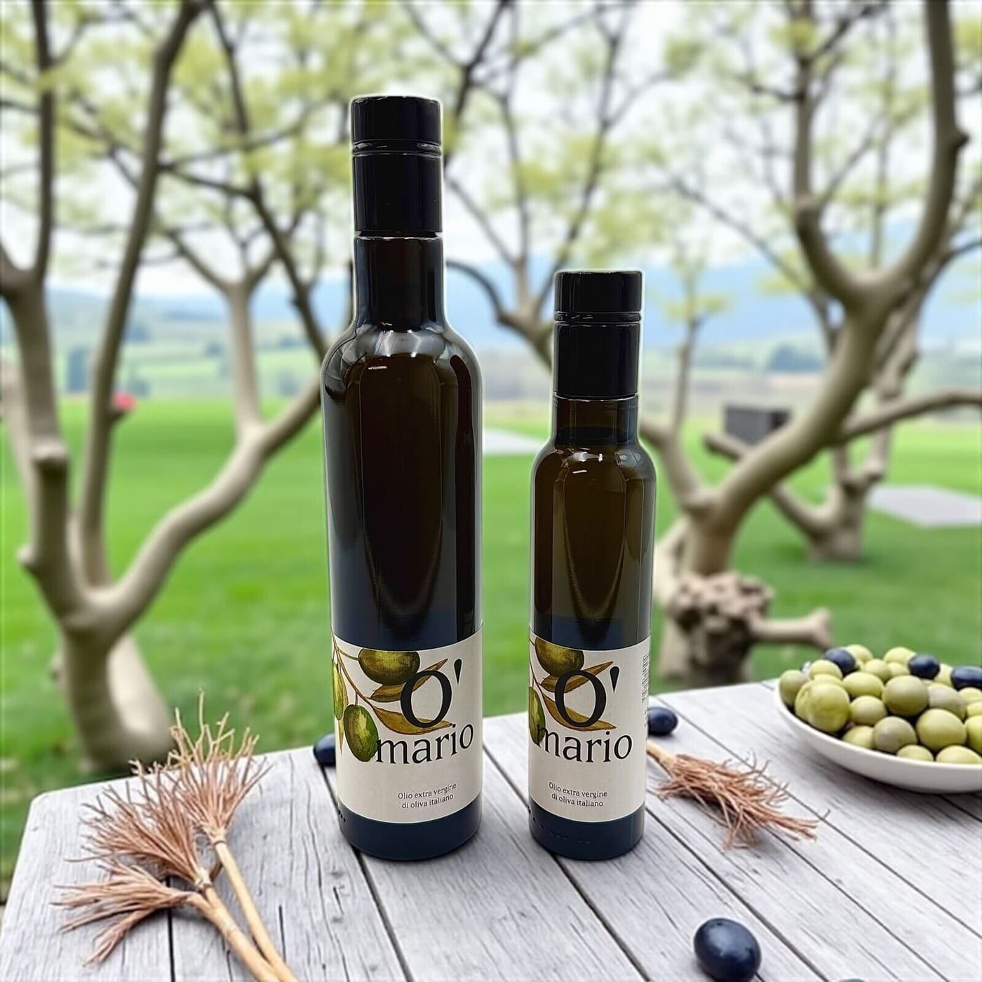 Olivenöl o’mario, drausse holztisch