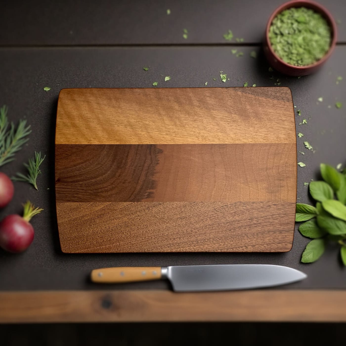 Handgemachtes Schneidebrett aus Schweizer Holz, auf Tisch mit messer handarbeit inklusion