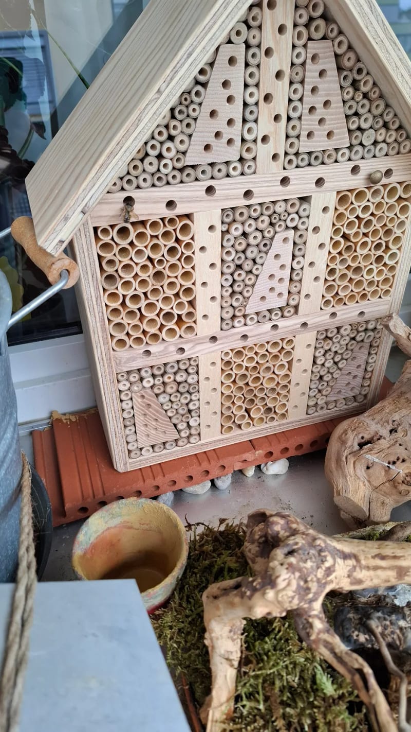 Das Insektenhotel aus Holz auf der Terrasse, daneben Moos und Treibholz