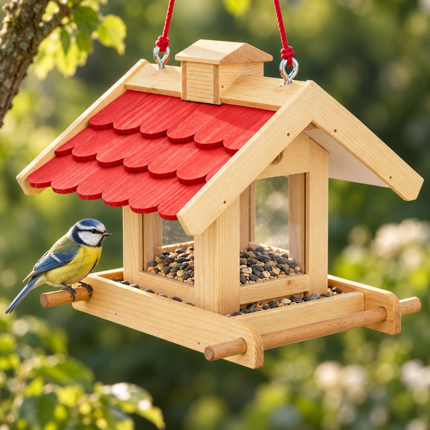 Vogelfutterhaus aus Holz mit rotem Dach im Garten, eine Blaumeise sitzt auf der Sitzstange